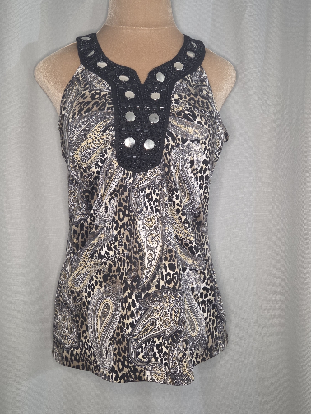 Apostrophe Beaded Paisley & Leopard Print Halter Top - Black Size SMALL
